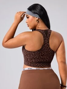 SHEIN Rhythm Era Women's Seamless Plus Size Sexy Athletic Brown Print Mesh Racerback Medium Support Running Fitness Workout Sports Bra Gym Summer Gym Sports Gym Gym - Coffee Brown - View 2