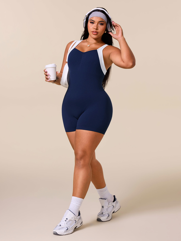 SHEIN Rhythm Era 1pc Plus Size Navy Blue Colorblock Halter Neck One-Piece Fitness Jumpsuit, Criss-Cross Back Tummy Control & Butt Lifting Yoga Sports Bodysuit, Soft Comfortable & Body-Hugging, Suitable For Workout, Running, Casual, Yoga