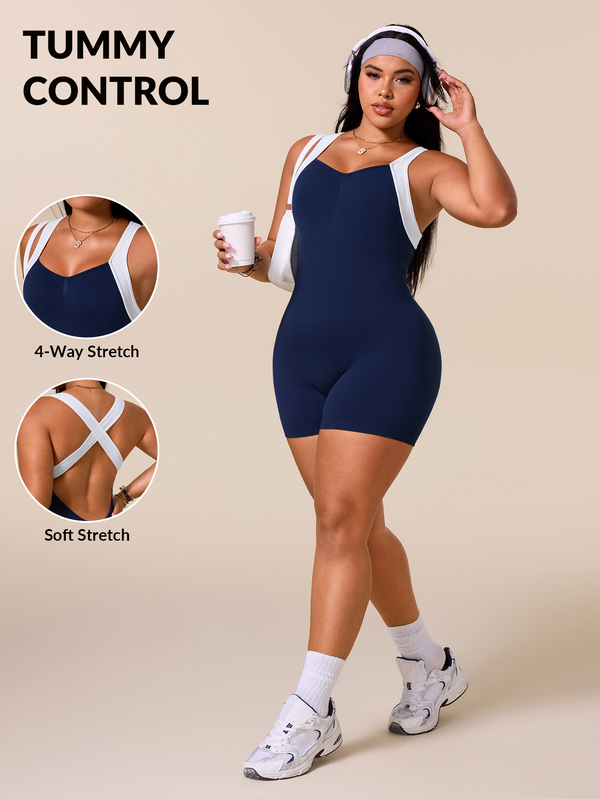 SHEIN Rhythm Era 1 pieza Mono de fitness de una pieza con cuello halter y bloques de color azul marino talla grande, espalda cruzada con control de abdomen y realce de glúteos, suave, cómodo y ajustado al Body, adecuado para entrenamiento, correr, casual, yoga
