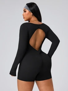 SHEIN Unity Women's Plus Size Sexy Backless Cutout Casual Minimalist Sports Jumpsuit, All Season Fall - Black - View 3