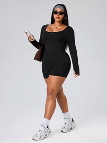 SHEIN Unity Women's Plus Size Sexy Backless Cutout Casual Minimalist Sports Jumpsuit, All Season Fall - Black - View 6