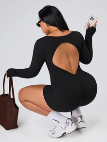 SHEIN Unity Women's Plus Size Sexy Backless Cutout Casual Minimalist Sports Jumpsuit, All Season Fall - Black - View 8