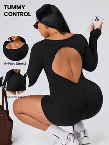SHEIN Unity Women's Plus Size Sexy Backless Cutout Casual Minimalist Sports Jumpsuit, All Season Fall - Black - View 1