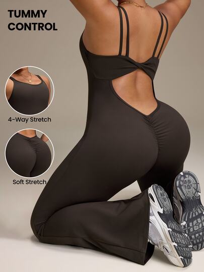 SHEIN Rhythm Era Plus Size Women Solid Color Back Twist Cutout Design Sleeveless Sports Flare Leg Jumpsuit