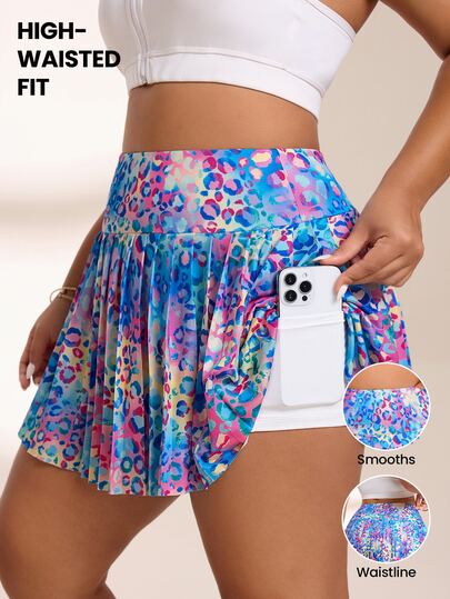 Rhythm Era Women's Plus Size All-Over Print Pleated Skorts With Pockets, Casual Daily Wear And Sports