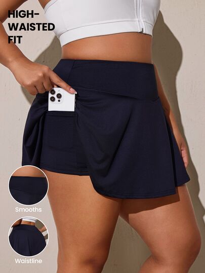 SHEIN Rhythm Era Women's Plus Size Solid Color High Waist Casual Fitness Sports Skort Sports Tennis Navy Blue Summer