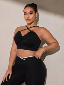 SHEIN Rhythm Era Women's Plus Size Solid Color Ruched Casual Daily Sports Bra - Black - View 4