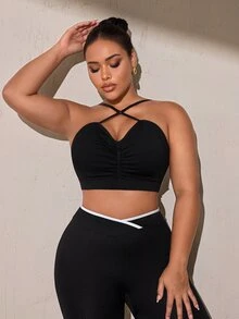 SHEIN Rhythm Era Women's Plus Size Solid Color Ruched Casual Daily Sports Bra - Black - View 3