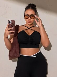 SHEIN Rhythm Era Women's Plus Size Solid Color Ruched Casual Daily Sports Bra - Black - View 7