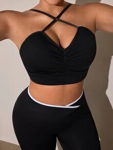 SHEIN Rhythm Era Women's Plus Size Solid Color Ruched Casual Daily Sports Bra - Black - View 8