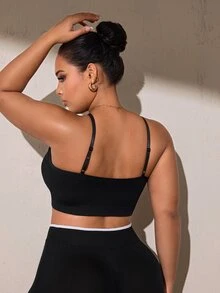 SHEIN Rhythm Era Women's Plus Size Solid Color Ruched Casual Daily Sports Bra - Black - View 2