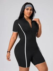 SHEIN Rhythm Era Women's Plus Size Fitted Athletic Romper - Black - View 5