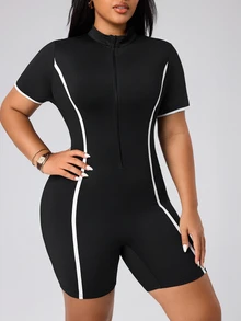 SHEIN Rhythm Era Women's Plus Size Fitted Athletic Romper - Black - View 3