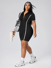 SHEIN Rhythm Era Women's Plus Size Fitted Athletic Romper - Black - View 6