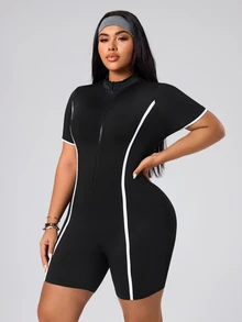 SHEIN Rhythm Era Women's Plus Size Fitted Athletic Romper - Black - View 4