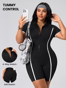 SHEIN Rhythm Era Women's Plus Size Fitted Athletic Romper - Black - View 1