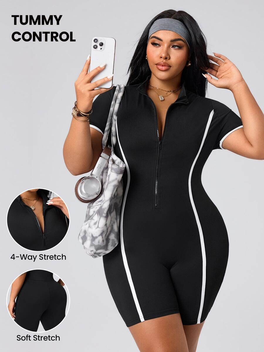 SHEIN Rhythm Era Women's Plus Size Fitted Athletic Romper - Black - View 1