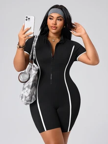 SHEIN Rhythm Era Women's Plus Size Fitted Athletic Romper - Black - View 8