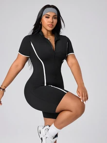 SHEIN Rhythm Era Women's Plus Size Fitted Athletic Romper - Black - View 7