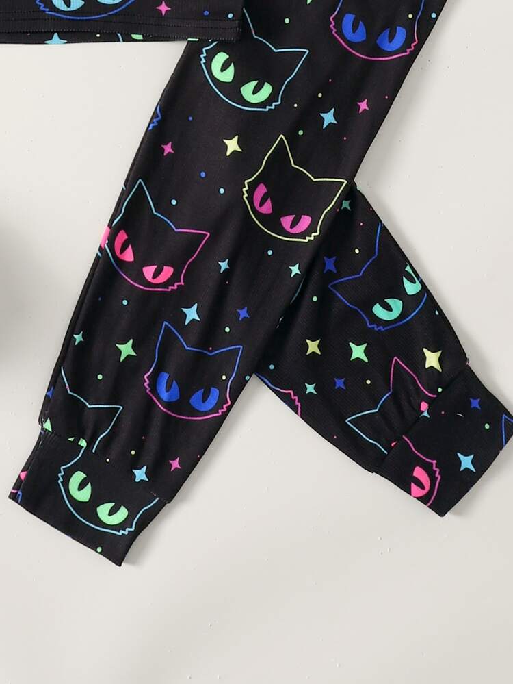 SHEIN Set Piyama Rajut Bermotif Lucu, Pakaian Santai Kasual Nyaman dan Pas Badan, Cocok untuk Pemakaian Sehari-hari - Hitam - View 2