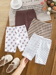 SHEIN Random 8 PCS Sent 4 PCS Young Girl Summer Clothes Set, Floral Stripe Brown Polka Solid Shorts - Multicolor - View 2