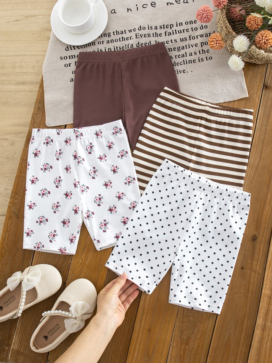 SHEIN Random 8 PCS Sent 4 PCS Young Girl Summer Clothes Set, Floral Stripe Brown Polka Solid Shorts