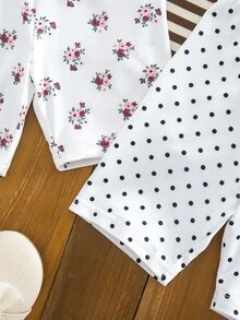 SHEIN Random 8 PCS Sent 4 PCS Young Girl Summer Clothes Set, Floral Stripe Brown Polka Solid Shorts - Multicolor - View 7