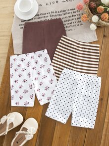 SHEIN Random 8 PCS Sent 4 PCS Young Girl Summer Clothes Set, Floral Stripe Brown Polka Solid Shorts - Multicolor - View 3