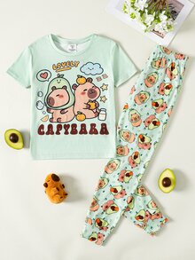 SHEIN Tween Girl Cartoon Print Pajama Set, Fitted - Green - View 1