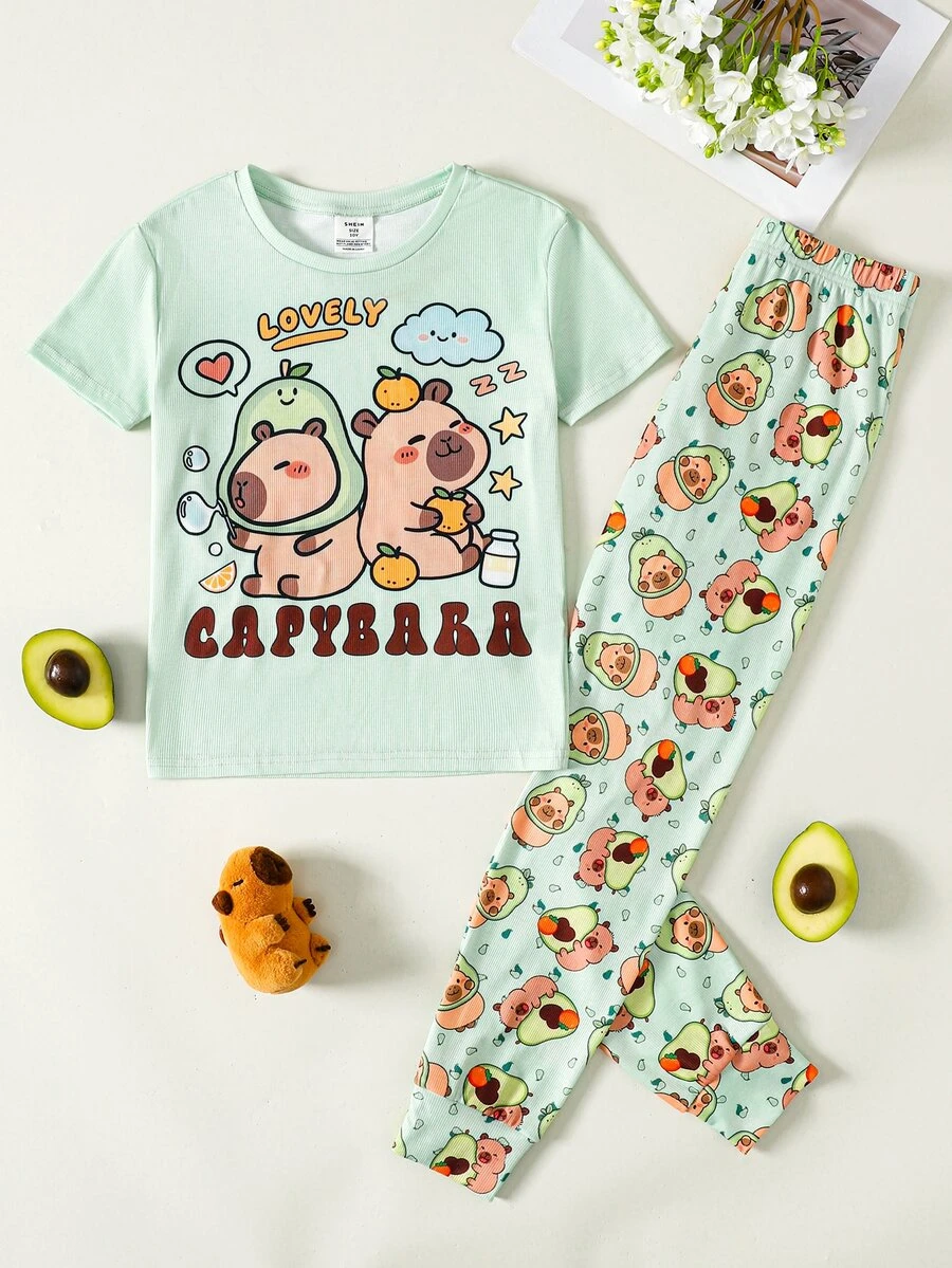 SHEIN Tween Girl Cartoon Print Pajama Set, Fitted - Green - View 1