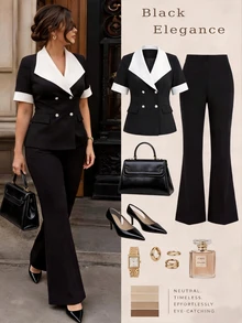 Elenzga Plus Size Women's Summer Elegant Formal Work Business Suit Set,Black And White Notched Collar Contrast Color Short Sleeve Jacket & Flared Pants - Black and White - View 2