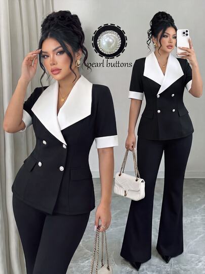 Elenzga Plus Size Women's Summer Elegant Formal Work Business Suit Set,Black And White Notched Collar Contrast Color Short Sleeve Jacket & Flared Pants