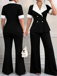 Elenzga Plus Size Women's Summer Elegant Formal Work Business Suit Set,Black And White Notched Collar Contrast Color Short Sleeve Jacket & Flared Pants - Black and White - View 3