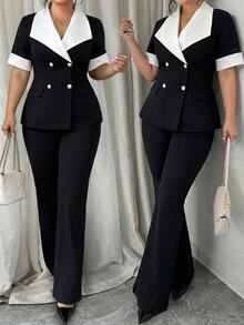 Elenzga Plus Size Women's Summer Elegant Formal Work Business Suit Set,Black And White Notched Collar Contrast Color Short Sleeve Jacket & Flared Pants - Black and White - View 8