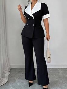 Elenzga Plus Size Women's Summer Elegant Formal Work Business Suit Set,Black And White Notched Collar Contrast Color Short Sleeve Jacket & Flared Pants - Black and White - View 5
