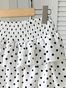 SHEIN 青少年女孩腰部抓褶縮褶黑白波點裙，內建內襯防走光，適合休閒度假、校園、街頭穿著，秋冬款 - 黑與白 - 查看 3
