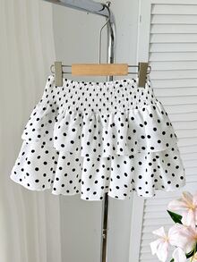 SHEIN 青少年女孩腰部抓褶縮褶黑白波點裙，內建內襯防走光，適合休閒度假、校園、街頭穿著，秋冬款 - 黑與白 - 查看 2