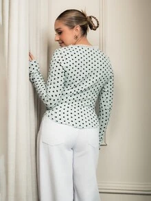 Ximena Robles Ximena Robles Spring & Summer BOHO Vacation Valentine's Day Music Festival Casual Polka Dot V-Neck Long Sleeve Knit Blouse For Women - Blue - View 2