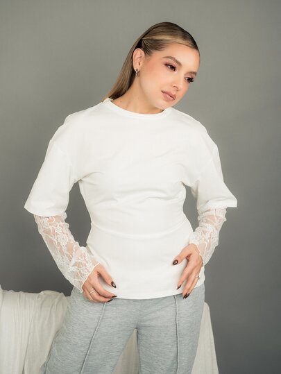 Ximena Robles Ximena Robles Women's White Knit Waist Design Contrast Lace 2 In 1 T-Shirt For Going Out, Streetwear, Y2K, White Top With Lace Sleeves Casual
