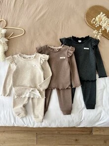 SHEIN Baby Girl Knitted Solid Color Letter Patchwork Ruffle Casual T-Shirt And Long Pants 6pcs -Piece Set, Fleece Lined Thick Fabric, Suitable For Winter - Multicolor - View 4