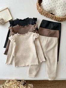 SHEIN Baby Girl Knitted Solid Color Letter Patchwork Ruffle Casual T-Shirt And Long Pants 6pcs -Piece Set, Fleece Lined Thick Fabric, Suitable For Winter - Multicolor - View 2