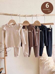 SHEIN Baby Girl Knitted Solid Color Letter Patchwork Ruffle Casual T-Shirt And Long Pants 6pcs -Piece Set, Fleece Lined Thick Fabric, Suitable For Winter - Multicolor - View 1