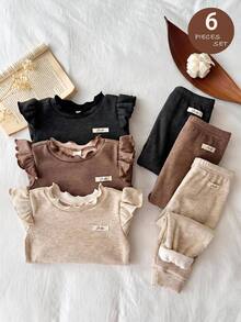 SHEIN Baby Girl Knitted Solid Color Letter Patchwork Ruffle Casual T-Shirt And Long Pants 6pcs -Piece Set, Fleece Lined Thick Fabric, Suitable For Winter - Multicolor - View 3