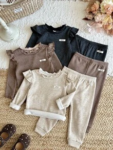 SHEIN Baby Girl Knitted Solid Color Letter Patchwork Ruffle Casual T-Shirt And Long Pants 6pcs -Piece Set, Fleece Lined Thick Fabric, Suitable For Winter - Multicolor - View 8
