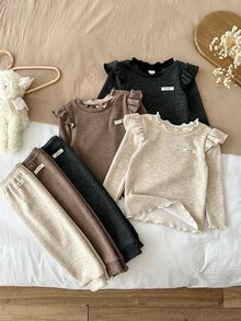 SHEIN Baby Girl Knitted Solid Color Letter Patchwork Ruffle Casual T-Shirt And Long Pants 6pcs -Piece Set, Fleece Lined Thick Fabric, Suitable For Winter - Multicolor - View 7