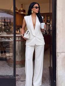 Silquee Women's Solid Color Shawl Collar Single-Button Casual Elegant Suit Vest, White Suit Jacket, Commuting Summer And Outfit, Office Party Coat. Wedding - White - View 8