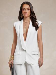Silquee Women's Solid Color Shawl Collar Single-Button Casual Elegant Suit Vest, White Suit Jacket, Commuting Summer And Outfit, Office Party Coat. Wedding - White - View 5