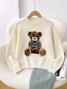 1pc Tween Girl Bear Print Long Sleeve Sweater, Casual & Fashionable For School, Suitable For Autumn/Winter Tops, Christmas - White - View 1