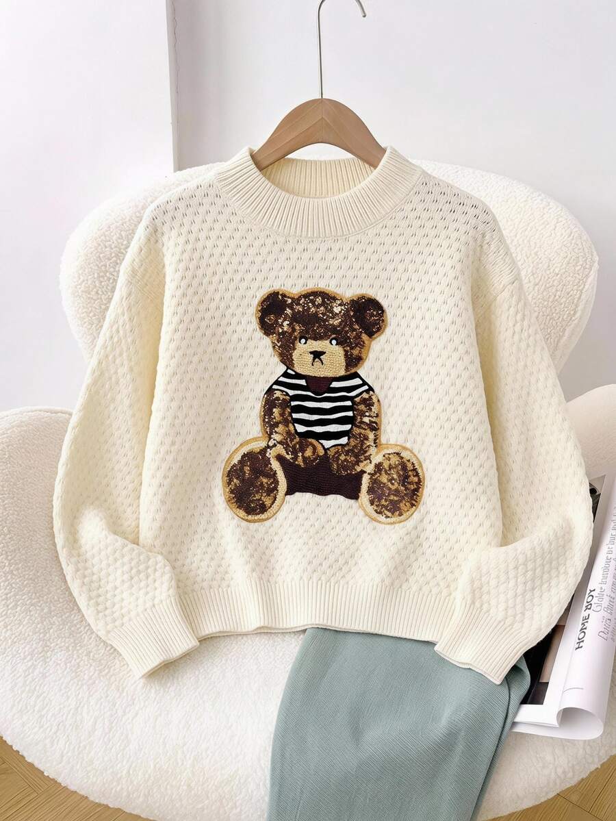1pc Tween Girl Bear Print Long Sleeve Sweater, Casual & Fashionable For School, Suitable For Autumn/Winter Tops, Christmas - White - View 1