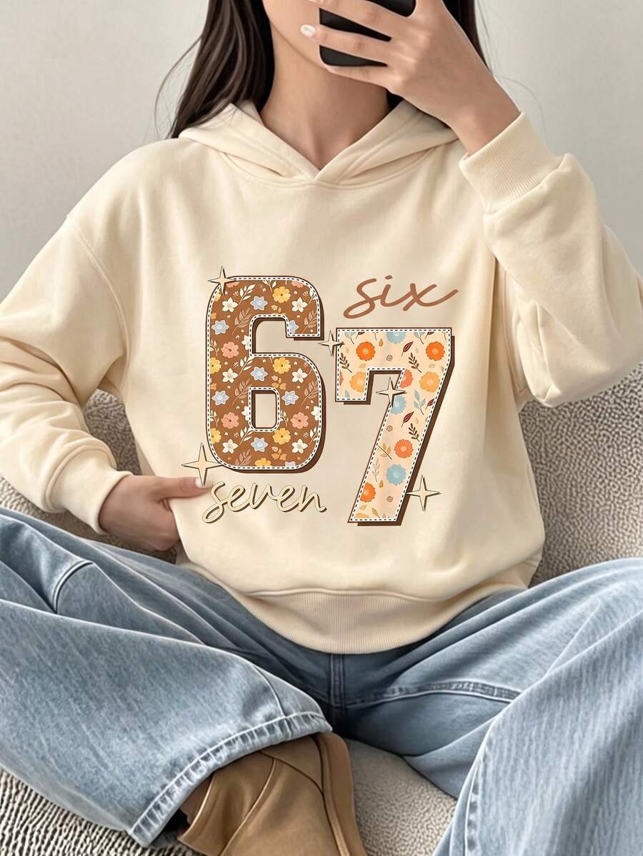 Beige Autumn Cute School Back-To-School Tween Girls' Sweatshirt,Numeric 67 Floral Leaf Starry Graphic Print Creative Fashion Comfortable Pullover - Khaki - View 1